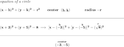 \bf \textit{equation of a circle}\\\\ (x- h)^2+(y- k)^2= r^2 \qquad center~~(\stackrel{}{ h},\stackrel{}{ k})\qquad \qquad radius=\stackrel{}{ r} \\\\[-0.35em] \rule{34em}{0.25pt}\\\\ (x+3)^2+(y+5)^2=8\implies [x-(\stackrel{h}{-3})]^2+[y-(\stackrel{k}{-5})]^2=(\stackrel{r}{\sqrt{8}})^2 \\\\[-0.35em] \rule{34em}{0.25pt}\\\\ ~\hfill \stackrel{center}{(-3,-5)}~\hfill