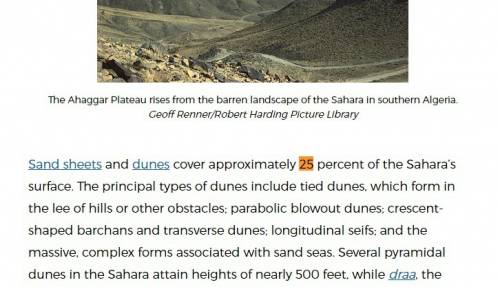 Approximately what percent of the sahara desert is covered by sand sheets and dunes?  answer about 1