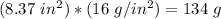 (8.37\ in^{2})*(16\ g/in^{2})=134\ g