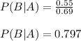 P(B|A) = \frac{0.55}{0.69}\\\\P(B|A) = 0.797
