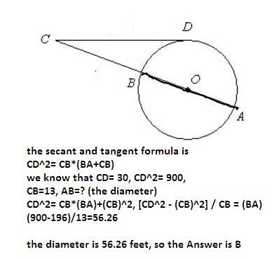 Cd is tangent to circle o at d. find the diameter of the circle for bc = 13 and dc = 30. round to th