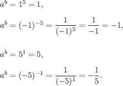 a^b=1^5=1,\\\\a^b=(-1)^{-5}=\dfrac{1}{(-1)^5}=\dfrac{1}{-1}=-1,\\\\\\a^b=5^1=5,\\\\a^b=(-5)^{-1}=\dfrac{1}{(-5)^1}=-\dfrac{1}{5}.
