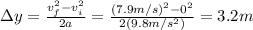 \Delta y = \frac{v_f^2 -v_i^2}{2a}=\frac{(7.9 m/s)^2-0^2}{2(9.8 m/s^2)}=3.2 m