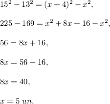 15^2-13^2=(x+4)^2-x^2,\\ \\225-169=x^2+8x+16-x^2,\\ \\56=8x+16,\\ \\8x=56-16,\\ \\8x=40,\\ \\x=5\ un.