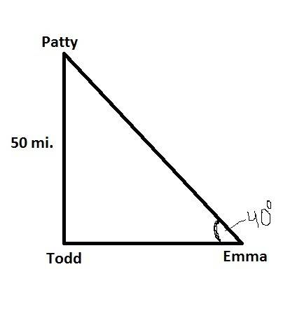 Patty is 50 mi. due north of todd. emma is due east of todd. the angle between the direction of the