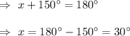 \Rightarrow\ x+150^{\circ}=180^{\circ}\\\\\Rightarrow\ x=180^{\circ}-150^{\circ}=30^{\circ}
