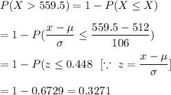 P(X  559.5) =1- P(X\leq X)\\\\=1-P(\dfrac{x-\mu}{\sigma}\leq\dfrac{559.5-512}{106})\\\\=1-P(z\leq 0.448\ \ [\because\ z=\dfrac{x-\mu}{\sigma}]\\\\ =1 - 0.6729= 0.3271