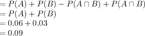=P(A)+P(B)-P(A\cap B)+P(A\cap B)\\=P(A)+P(B)\\=0.06+0.03\\=0.09