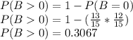 P(B0) = 1 - P(B=0)\\P(B0) =1 - (\frac{13}{15}*\frac{12}{15})\\P(B0) = 0.3067