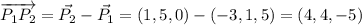 \overrightarrow{P_1P_2}=\vec{P_2}-\vec{P_1}=(1, 5, 0) - (-3, 1, 5)=(4, 4, -5)