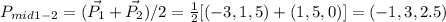 P_{mid1-2}=(\vec{P_1}+\vec{P_2})/2=\frac{1}{2}[(-3, 1, 5)+(1, 5, 0)]=(-1, 3, 2.5)