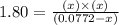 1.80=\frac{(x)\times (x)}{(0.0772-x)}
