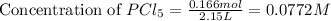 \text{Concentration of }PCl_5=\frac{0.166mol}{2.15L}=0.0772M