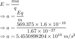 E=\dfrac{ma}{q}\\\Rightarrow a=\dfrac{Eq}{m}\\\Rightarrow a=\dfrac{569.375\times 1.6\times 10^{-19}}{1.67\times 10^{-27}}\\\Rightarrow a=5.4550898204\times 10^{10}\ m/s^2