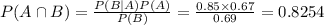 P(A\cap B)=\frac{P(B|A)P(A)}{P(B)} =\frac{0.85\times0.67}{0.69} =0.8254