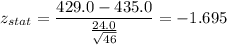 z_{stat} = \displaystyle\frac{429.0 - 435.0}{\frac{24.0}{\sqrt{46}} } = -1.695