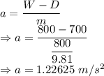 a=\dfrac{W-D}{m}\\\Rightarrow a=\dfrac{800-700}{\dfrac{800}{9.81}}\\\Rightarrow a=1.22625\ m/s^2