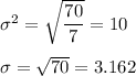 \sigma^2= \sqrt{\dfrac{70}{7}} = 10\\\\\sigma = \sqrt{70} = 3.162