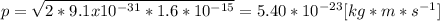 p=\sqrt{2*9.1 x 10^{-31}*1.6*10^{-15}}=5.40*10^{-23}[kg*m*s^{-1}]