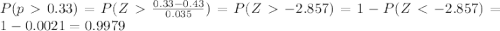 P(p0.33) = P(Z \frac{0.33-0.43}{0.035}) = P(Z-2.857) = 1-P(Z