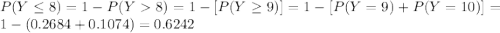 P(Y \leq 8) = 1-P(Y8) = 1-[P(Y\geq 9)]= 1-[P(Y=9)+P(Y=10)] = 1-(0.2684+0.1074)= 0.6242