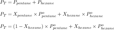 P_T=P_{pentane}+P_{hexane}\\\\P_T=X_{pentane}\times P^o_{pentane}+X_{hexane}\times P^o_{hexane}\\\\P_T=(1-X_{hexane})\times P^o_{pentane}+X_{hexane}\times P^o_{hexane}