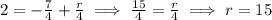 2  = -\frac{7}{4}  + \frac{r}{4} \implies \frac{15}{4} = \frac{r}{4} \implies r = 15