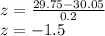 z=\frac{29.75-30.05}{0.2}\\z=-1.5