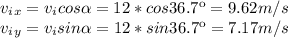 v_i_x=v_i cos \alpha=12*cos 36.7\º = 9.62 m/s\\v_i_y=v_i sin \alpha=12*sin 36.7\º = 7.17m/s