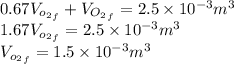 0.67{V_{{o_2}_f}}+{V_{{O_2}_f}}=2.5 \times 10^{-3} m^3\\1.67{V_{{o_2}_f}}=2.5 \times 10^{-3} m^3\\{V_{{o_2}_f}}=1.5 \times 10^{-3} m^3