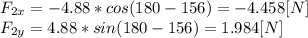 F_{2x}= - 4.88*cos(180-156) =-4.458[N]\\F_{2y}=  4.88*sin(180-156) =1.984[N]