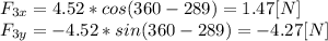F_{3x} = 4.52*cos(360-289)=1.47[N]\\F_{3y} = - 4.52*sin(360-289) = -4.27[N]