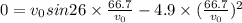 0=v_0sin 26\times \frac{66.7}{v_0}-4.9\times (\frac{66.7}{v_0})^2