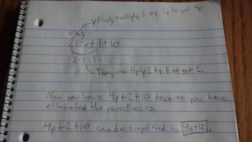 Simplify the equation 2(2p+1)+10