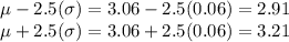 \mu - 2.5(\sigma) = 3.06 - 2.5(0.06) =2.91\\\mu + 2.5(\sigma) = 3.06 + 2.5(0.06) =3.21