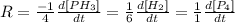 R=\frac{-1}{4}\frac{d[PH_3]}{dt}=\frac{1}{6}\frac{d[H_2]}{dt}=\frac{1}{1}\frac{d[P_4]}{dt}