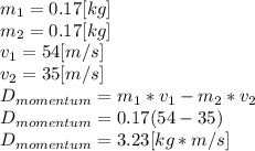 m_{1}=0.17[kg]\\ m_{2}=0.17[kg]\\v_{1}=54[m/s]\\v_{2}=35[m/s]\\D_{momentum}= m_{1}*v_{1}-m_{2}*v_{2}\\D_{momentum}=0.17(54-35)\\D_{momentum}= 3.23[kg*m/s]