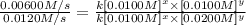 \frac{0.00600 M/s}{0.0120 M/s}=\frac{k[0.0100 M]^x\times [0.0100 M]^y}{k[0.0100 M]^x\times [0.0200 M]^y}