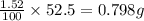 \frac{1.52}{100}\times 52.5=0.798g