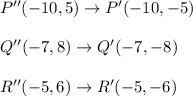 P''(-10,5)\rightarrow P'(-10,-5)\\ \\Q''(-7,8)\rightarrow Q'(-7,-8)\\ \\R''(-5,6)\rightarrow R'(-5,-6)