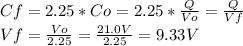 Cf = 2.25 * Co = 2.25* \frac{Q}{Vo} = \frac{Q}{Vf} \\ Vf= \frac{Vo}{2.25} =\frac{21.0V}{2.25} = 9.33 V