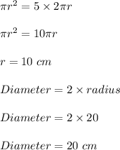 \pi r^2=5\times 2\pi r\\\\\pi r^2=10\pi r\\\\r=10\ cm\\\\Diameter=2\times radius\\\\Diameter=2\times 20\\\\Diameter=20\ cm