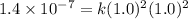 1.4\times 10^{-7}=k(1.0)^2(1.0)^2
