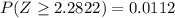 P(Z \geq 2.2822) = 0.0112