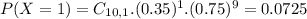 P(X = 1) = C_{10,1}.(0.35)^{1}.(0.75)^{9} = 0.0725