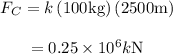 \begin{array}{c}\\{F_C} = k\left( {100{\rm{ kg}}} \right)\left( {2500{\rm{ m}}} \right)\\\\ = 0.25 \times {10^6}k{\rm{ N}}\\\end{array}