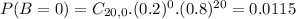 P(B = 0) = C_{20,0}.(0.2)^{0}.(0.8)^{20} = 0.0115
