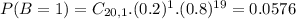 P(B = 1) = C_{20,1}.(0.2)^{1}.(0.8)^{19} = 0.0576
