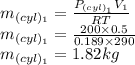 m_{(cyl)_1}=\frac{P_{(cyl)_1}V_1}{RT}\\m_{(cyl)_1}=\frac{200\times 0.5}{0.189 \times 290}\\m_{(cyl)_1}=1.82 kg