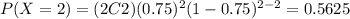 P(X=2)=(2C2)(0.75)^2 (1-0.75)^{2-2}=0.5625